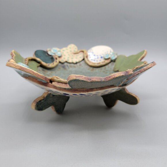 Handcrafted Studio Pottery Decorative Bowl Snake Details Footed One of a Kind - Picture 3 of 8
